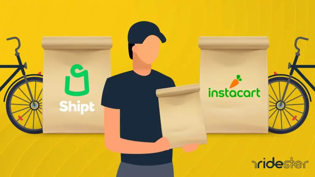 vector graphic showing two grocery delivery bags and a delivery driver in the middle of them to illustrate does shipt or instacart pay more