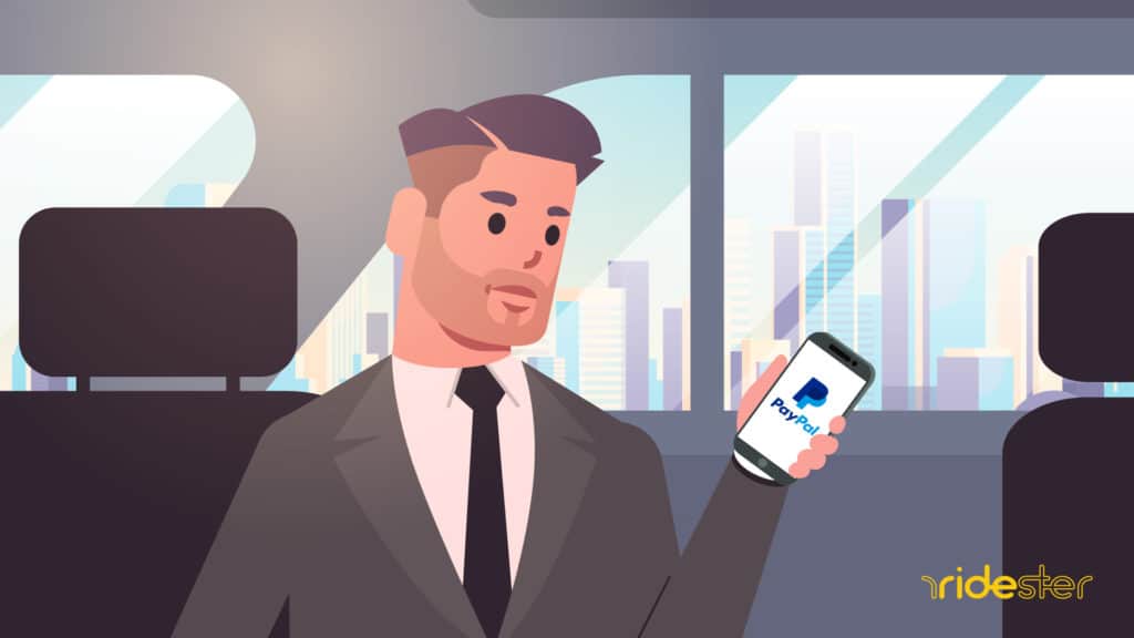 vector graphic showing a rider in the back seat of an uber vehicle wondering does uber take paypal to himself