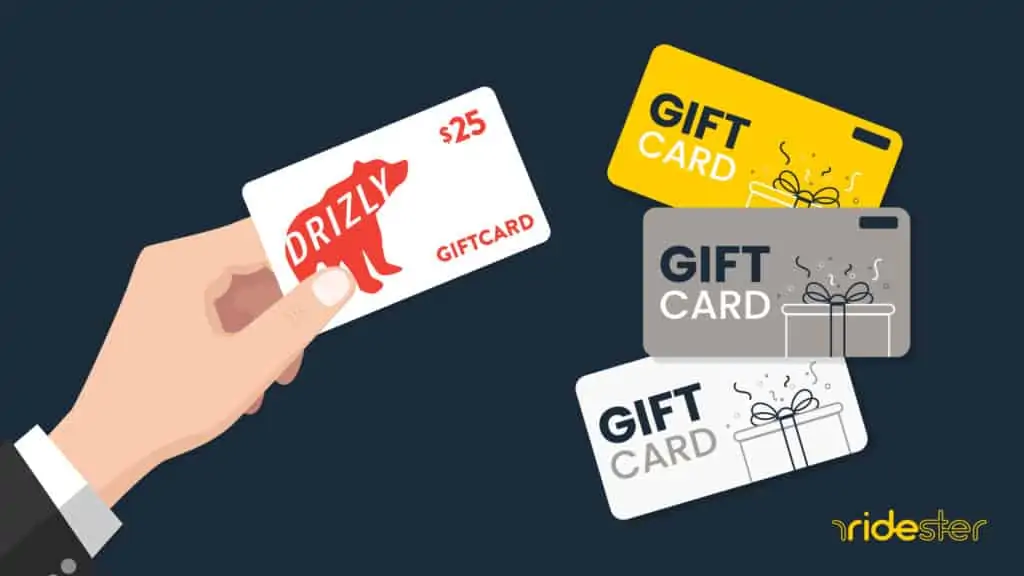 vector graphic showing a hand holding a drizly gift card and multiple drizly gift cards in the background