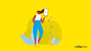 vector graphic showing a phone with money coming out of it and a woman taking the eaze payment that is dropping