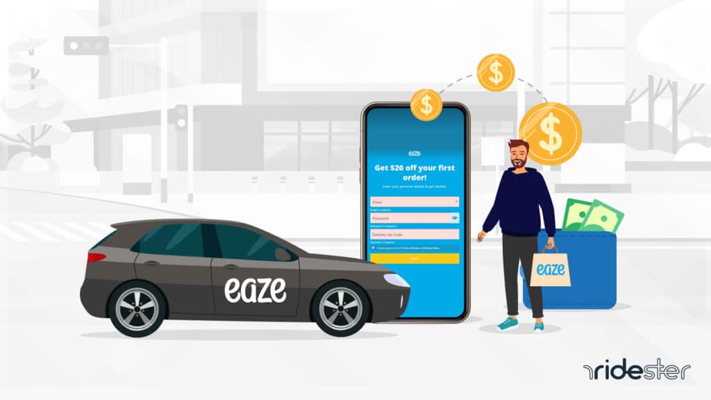 vector graphic showing a man standing next to an eaze vehicle and a phone with an eaze promo code on the screen