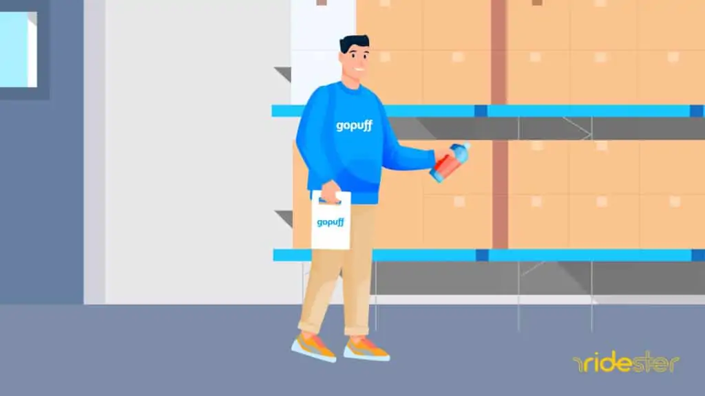 vector graphic showing a man inside of a gopuff warehouse picking things off a shelf for delivery