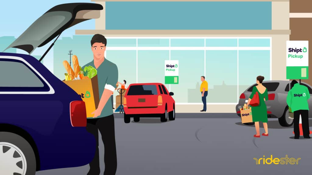 vector graphic showing a man walking out to her car with a handful of groceries at one of many grocery stores with curbside pickup