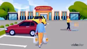 vector graphic showing a woman walking out to her car with a handful of groceries at one of many grocery stores with curbside pickup