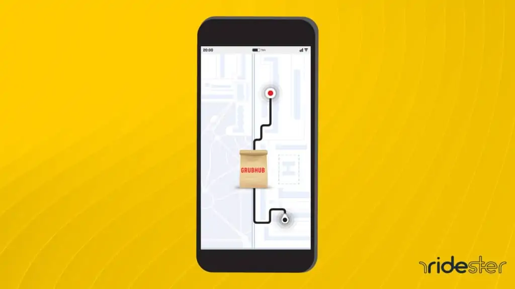 vector graphic showing a smartphone on a map tracking a food order for the how far does grubhub deliver post on ridester.com