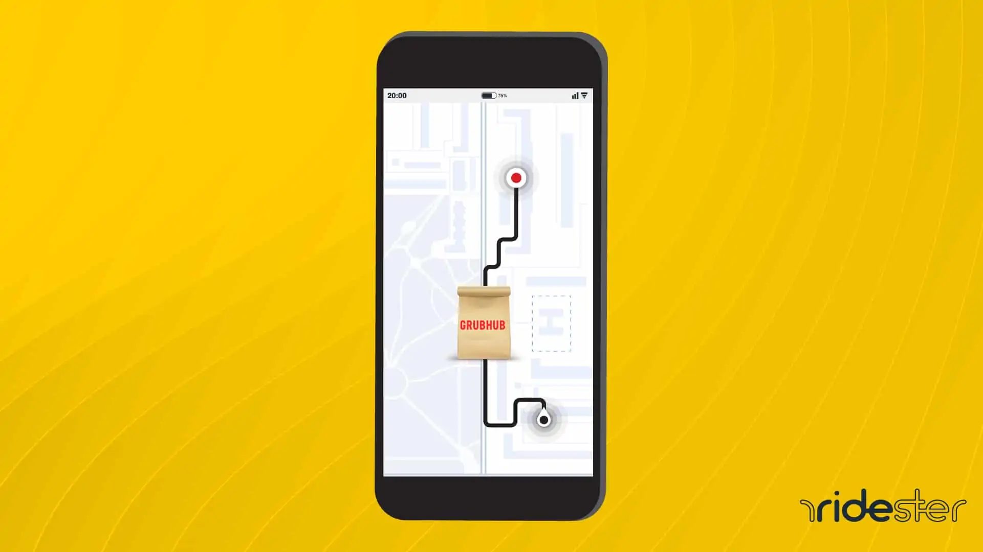 vector graphic showing a smartphone on a map tracking a food order for the how far does grubhub deliver post on ridester.com