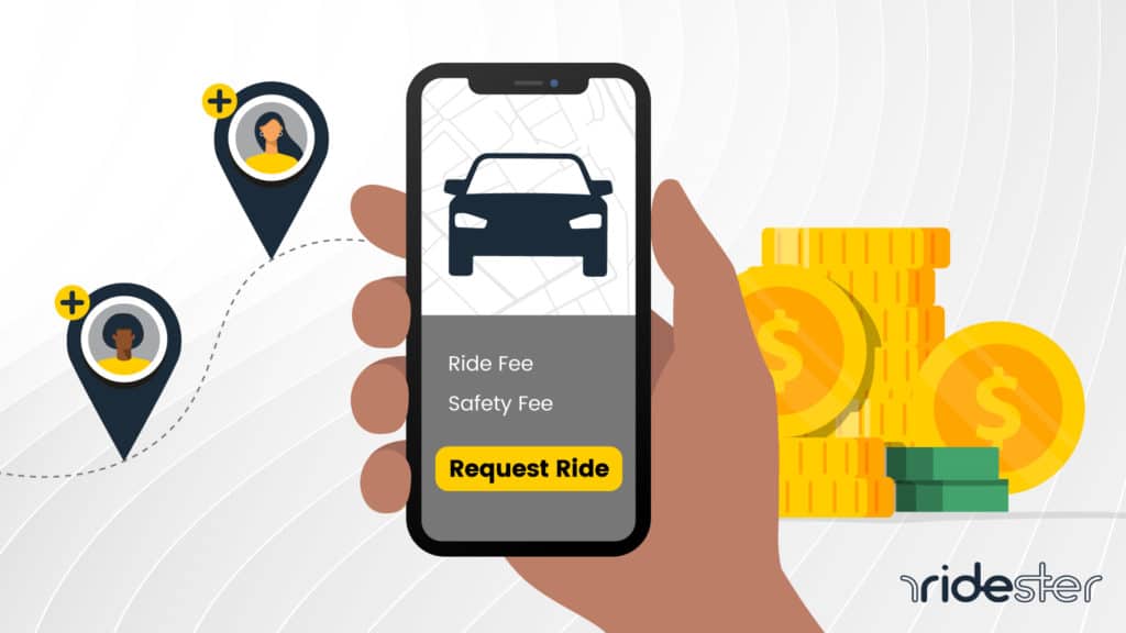 vector graphic images showing a ridesharing app on a mobile phone screen with money and map markers next to it to answer the question, "how much does ridesharing cost"