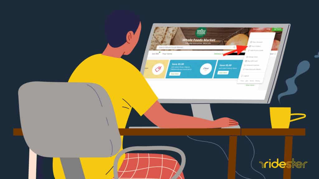 vector graphic showing a man sitting at a desk in front of a computer screen in the process of learning how to cancel an instacart order