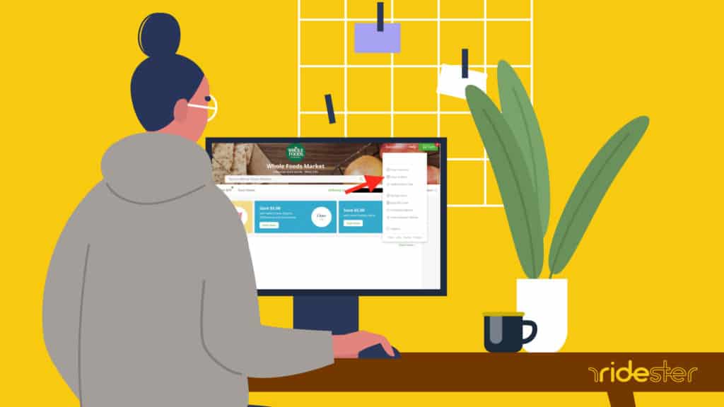 vector graphic showing a woman sitting at a desk in front of a computer screen in the process of learning how to cancel an instacart order