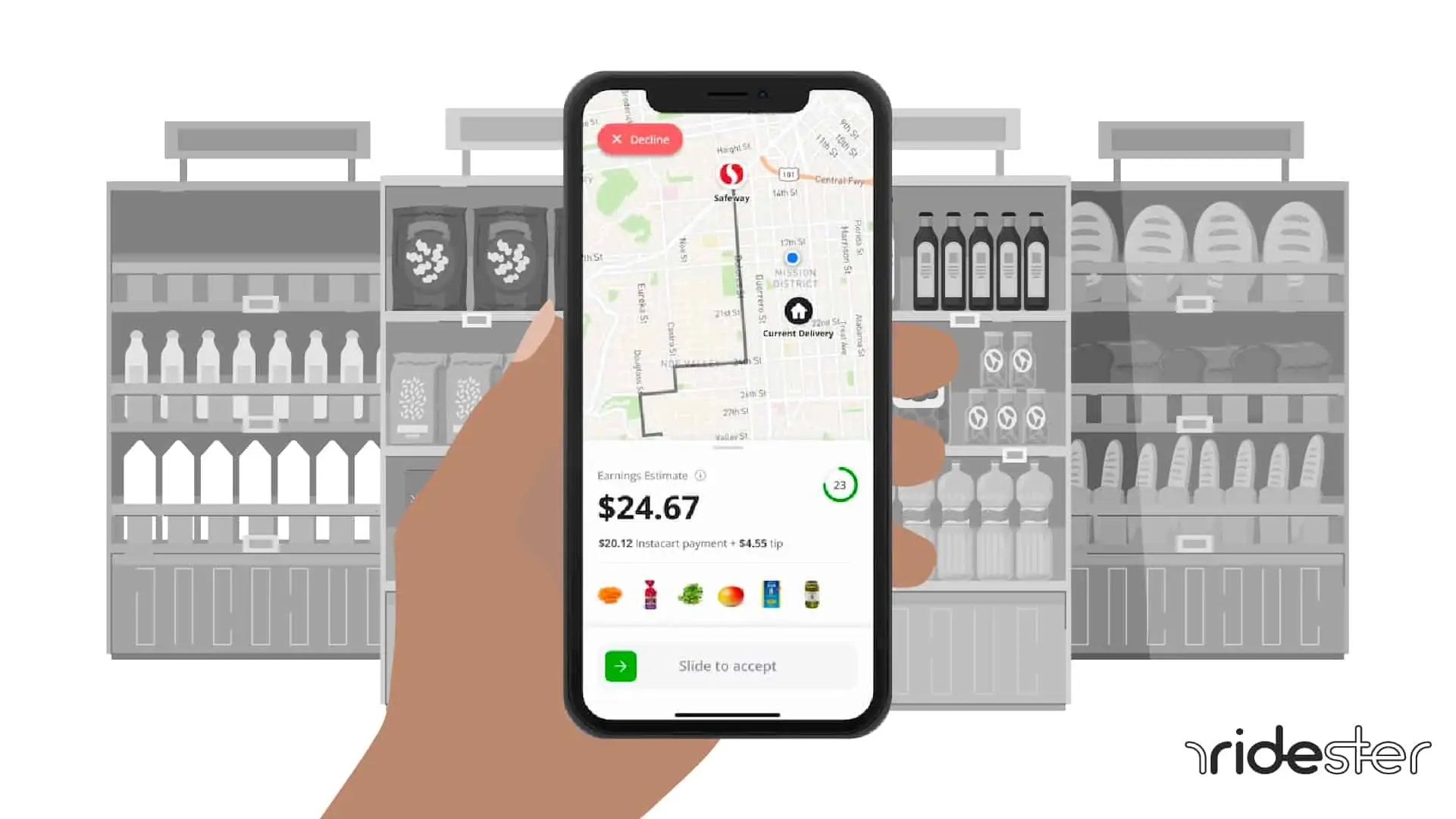 vector graphic showing a hand holding a phone running the instacart shopper app on the screen