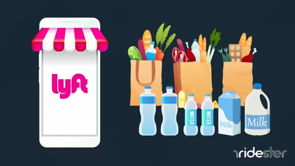 vector graphic showing various Lyft food delivery elements in a row next to a mobile phone displaying the lyft logo on the screen