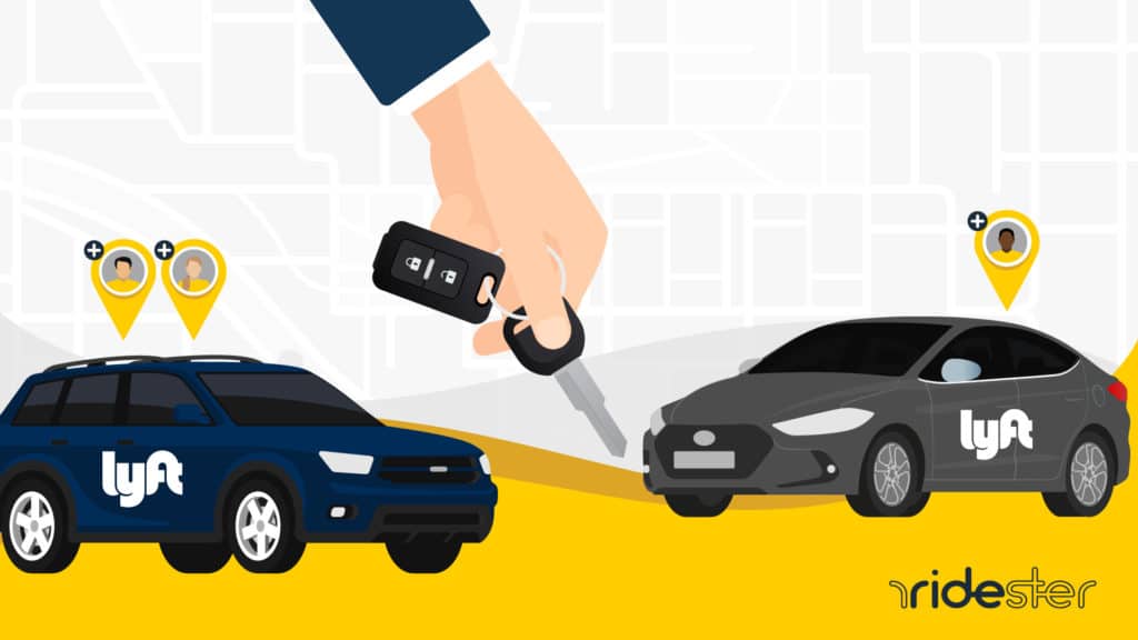 vector graphic showing a hand holding the key to a lyft rental car, with the lyft rental cars in the background of the image