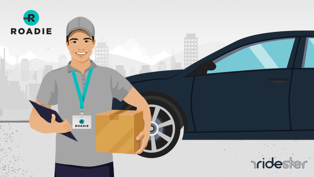 vector graphic showing a many holding a box and doing one of the roadie delivery jobs available to drivers