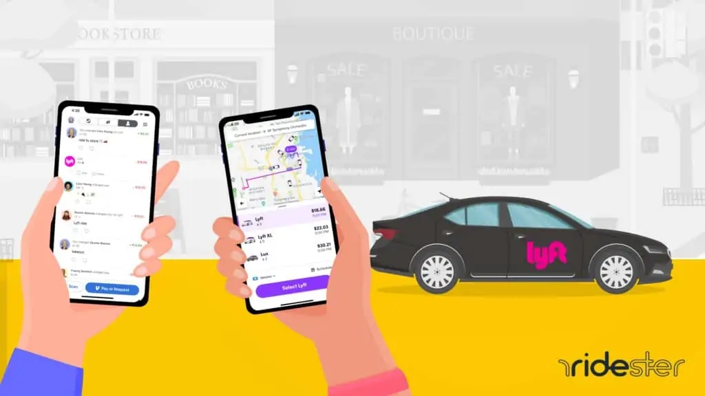 vector graphic showing a lyft vehicle in the background and two hands holding mobile phones with how to split fares on lyft on the screens