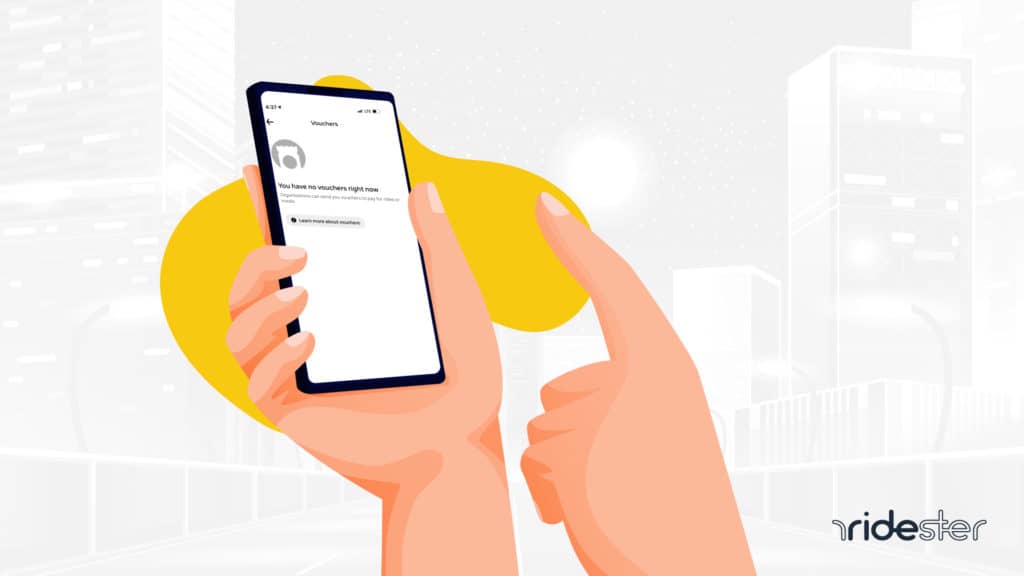 vector graphic showing a hand holding a phone with an Uber credits screenshot on the screen