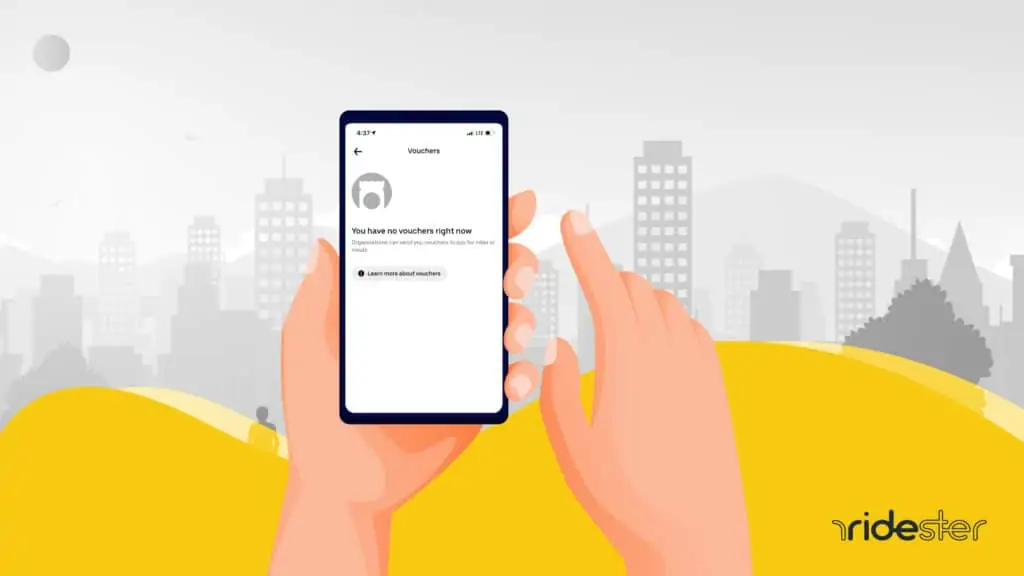 vector graphic showing a hand holding a phone with an Uber credits screenshot on the screen