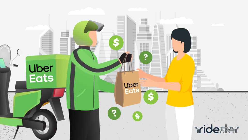 vector graphic showing a delivery driver giving food to somebody next to them and dollar signs for uber eats cost post