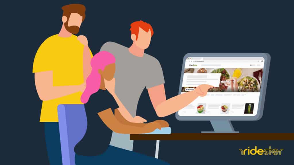 vector graphic showing people gathered around a computer placing an Uber Eats group order