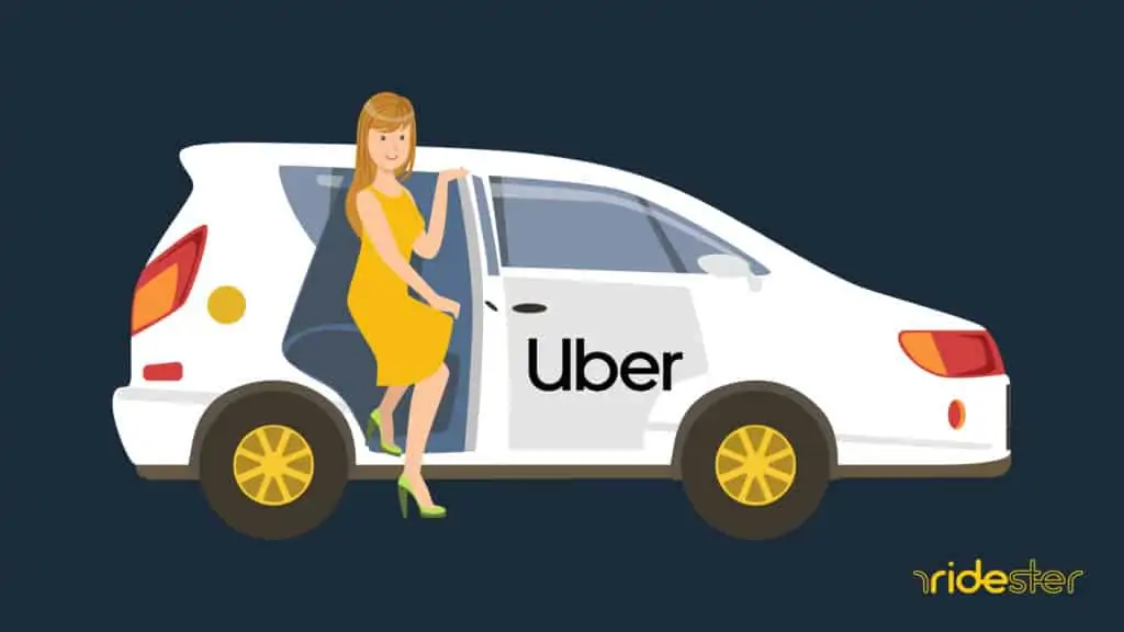 vector graphic showing an uber pick up in progress with a woman getting into a rideshare vehicle
