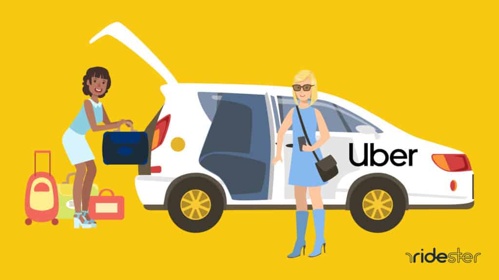 vector graphic showing an uber pick up in progress with a woman standing outside of an uber vehicle while the driver loads her bags into the trunk