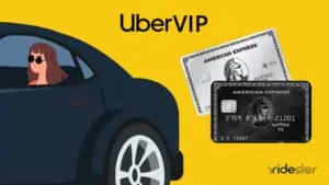 vector graphic showing an uber vehicle with a rider inside next to two credit cards used to unlock the uber vip program