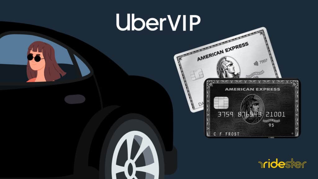 vector graphic showing an uber vehicle with a rider inside next to two credit cards used to unlock the uber vip program