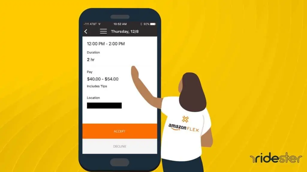 vector graphic showing a woman touching a giant smartphone screen to schedule Amazon Flex blocks on the screen