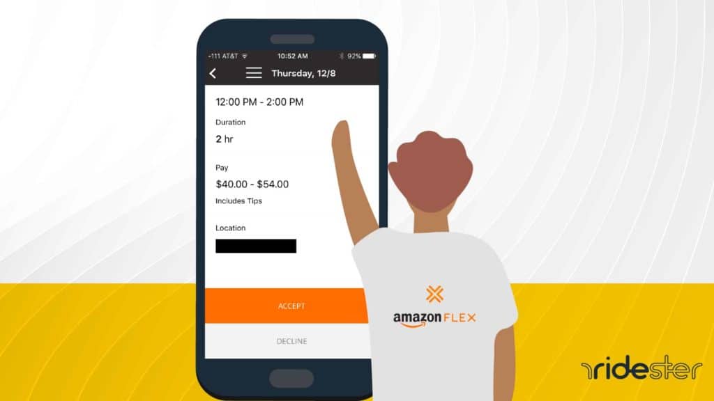 vector graphic showing a man touching a giant smartphone screen to schedule Amazon Flex blocks on the screen