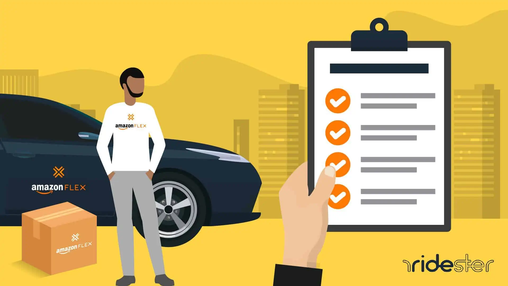 vector graphic showing a hand holding a clipboard and a driver in the background to show getting evaluated for amazon flex requirements
