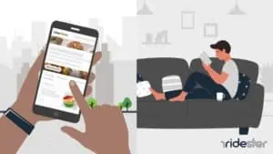 vector graphic showing a person sitting on a couch and a hand holding a phone for can I order uber eats for someone else post