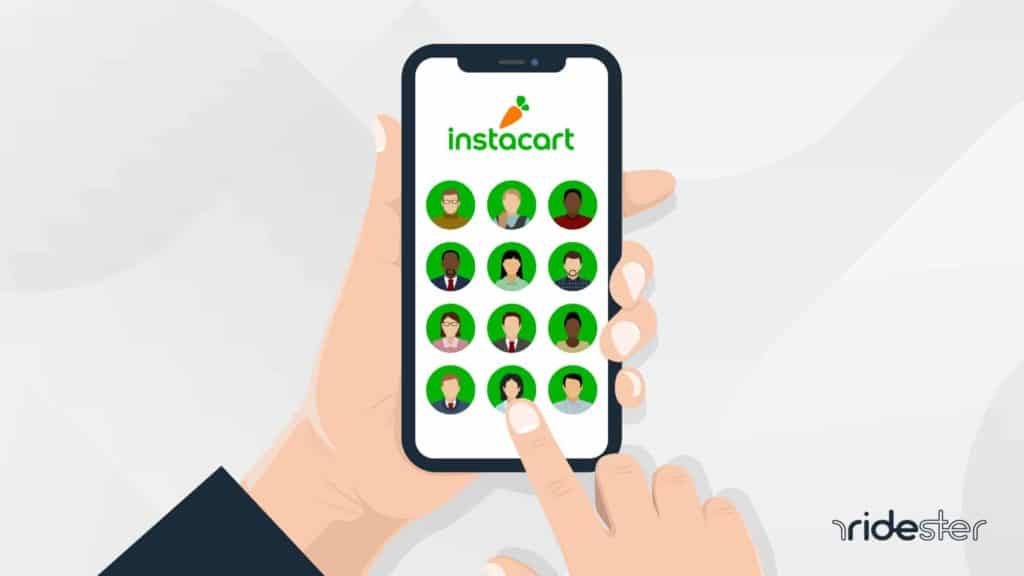 vector graphic showing a hand holding a phone and navigating through can you choose your instacart shopper screen