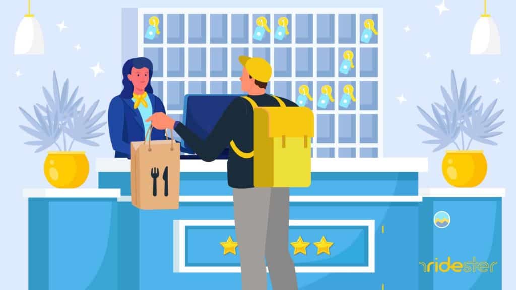 vector graphic showing a food delivery person delivering food to a hotel room - for can you get food delivered to a hotel blog post