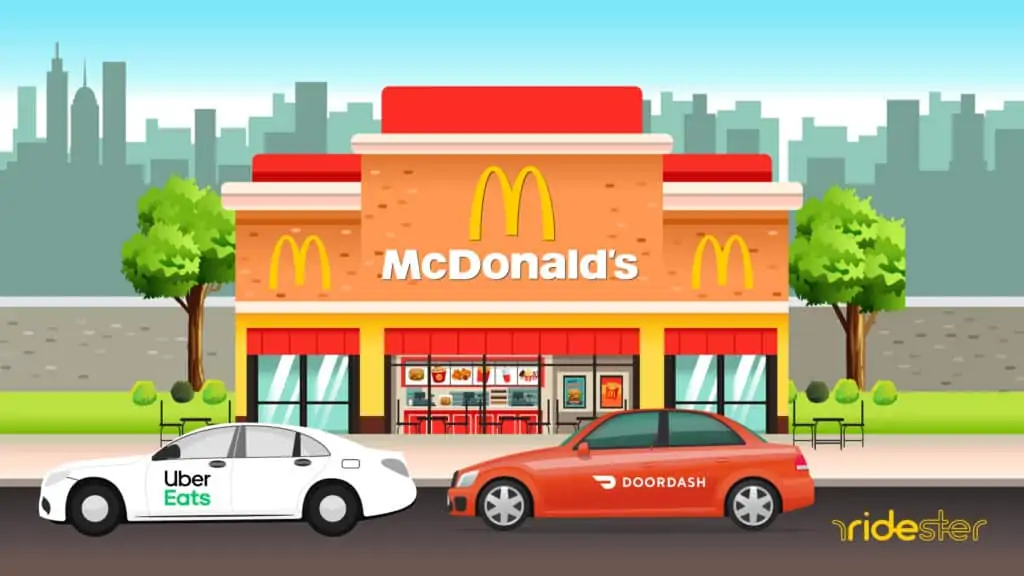 vector graphic showing a doordash and uber eats vehicle picking up a delivery from mcdonalds
