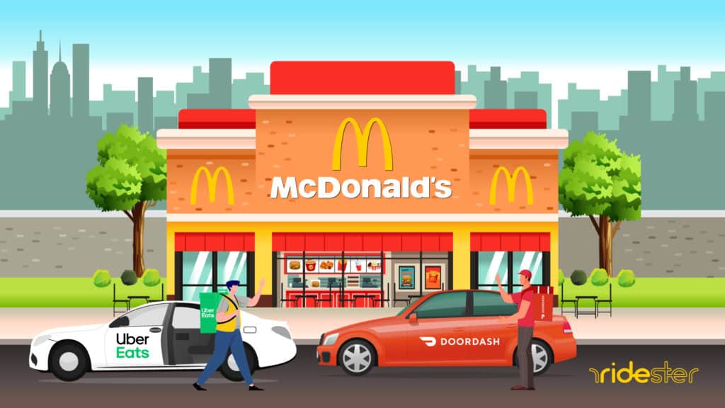 vector graphic showing a doordash and uber eats vehicle picking up a delivery from mcdonalds