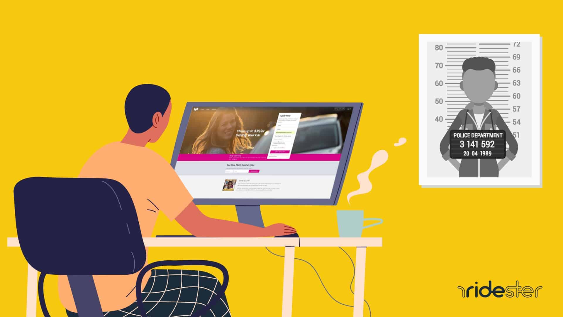 vector graphic showing a woman sitting at a computer wondering does lyft hire felons to herself
