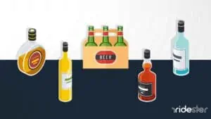 vector graphic showing a postmates logo with alcohol bottles around it for does postmates deliver alcohol post header