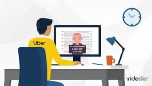 vector graphic showing a man sitting at a laptop wondering does uber hire felons to himself