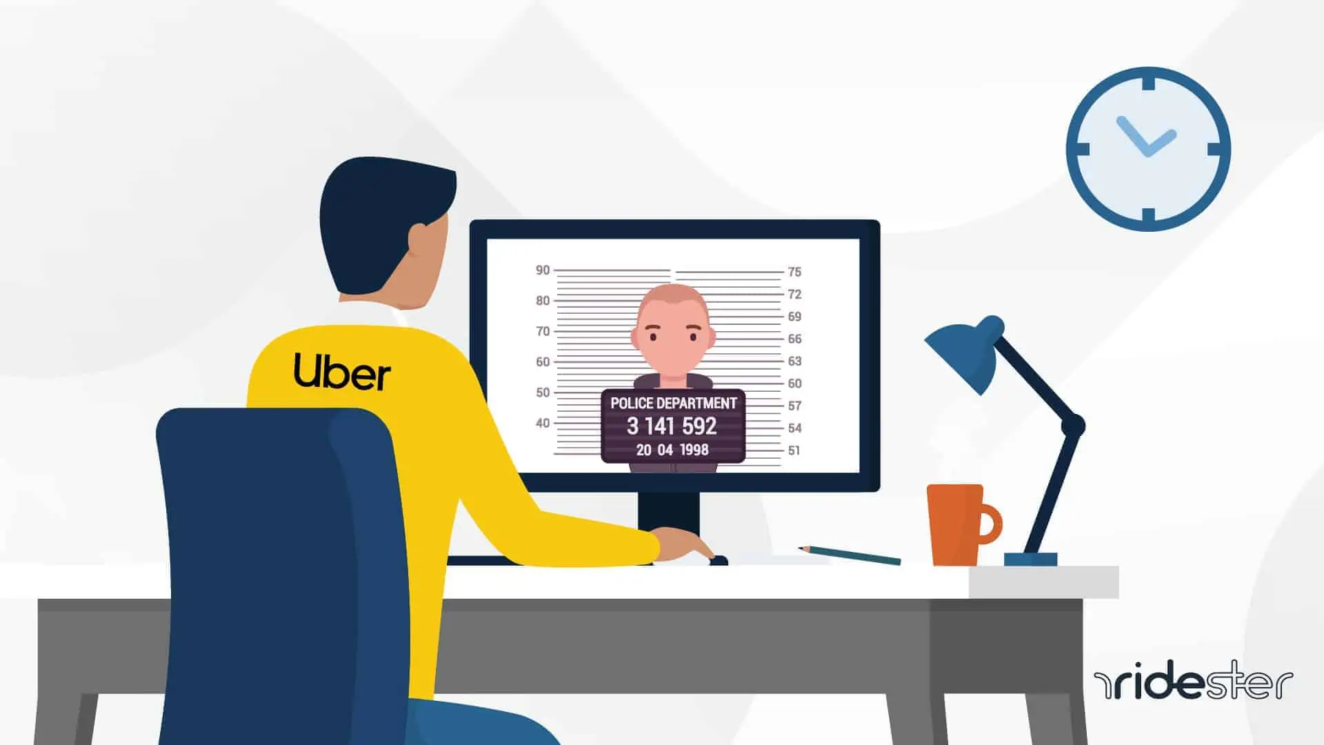 vector graphic showing a man sitting at a laptop wondering does uber hire felons to himself
