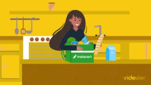 vector graphic showing an instacart shopper loading groceries into instacart bags at checkout