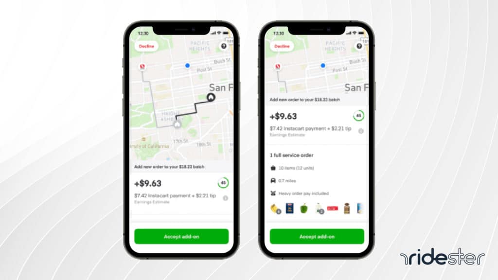 vector graphic showing two instacart demo orders on separate smartphone screens