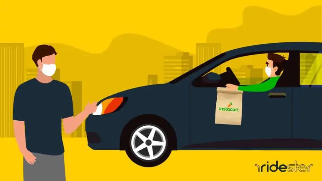 vector graphic showing an instacart driver dropping off an order to a waiting customer - to go in instacart promo code coronavirus post