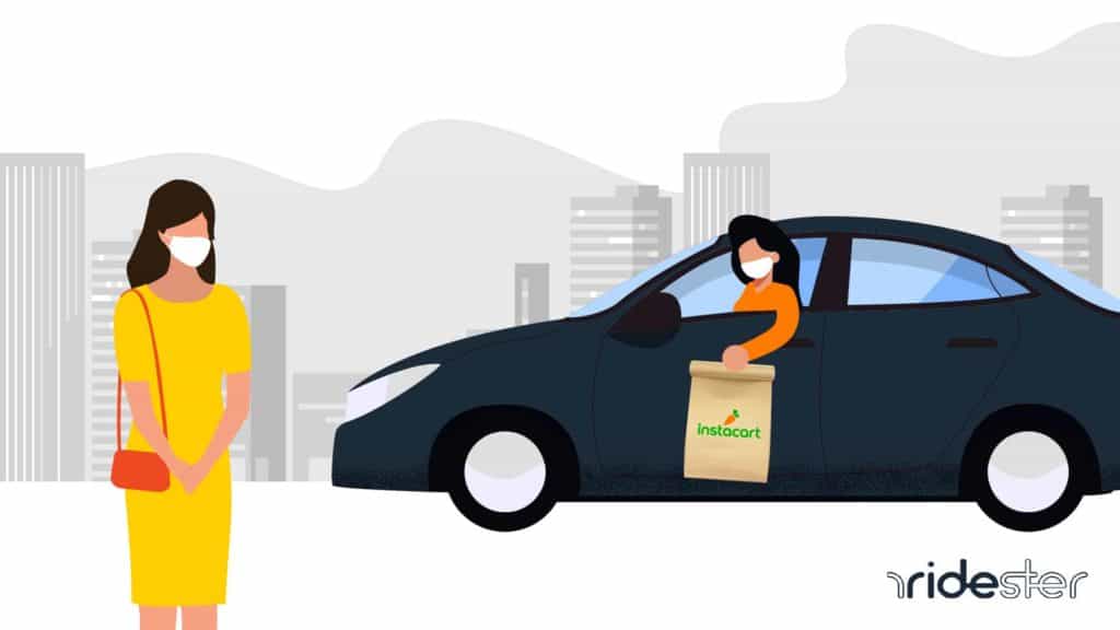 vector graphic showing an instacart driver dropping off an order to a waiting customer - to go in instacart promo code coronavirus post