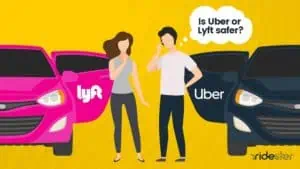 vector graphic showing an uber vehicle next to a lyft vehicle with the uber passenger asking "is uber or lyft safer"