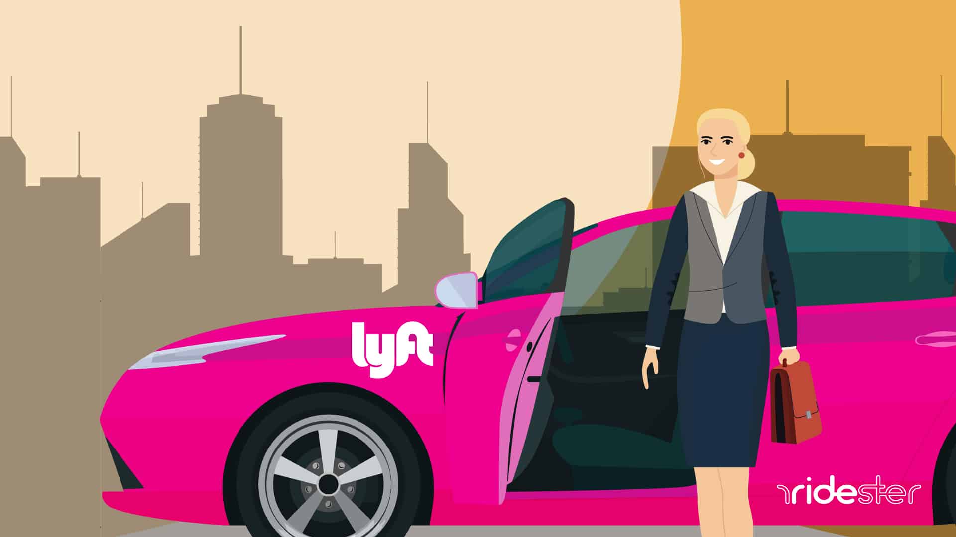 vector graphic showing a woman using a lyft for business ride to get around a dense urban city