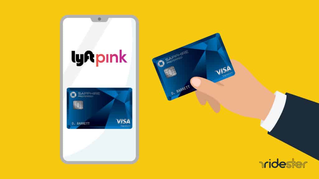 vector graphic showing a hand holding a card and the lyft app on the screen of a smartphone to illustrate the lyft pink chase sapphire reserve partnership the two companies share