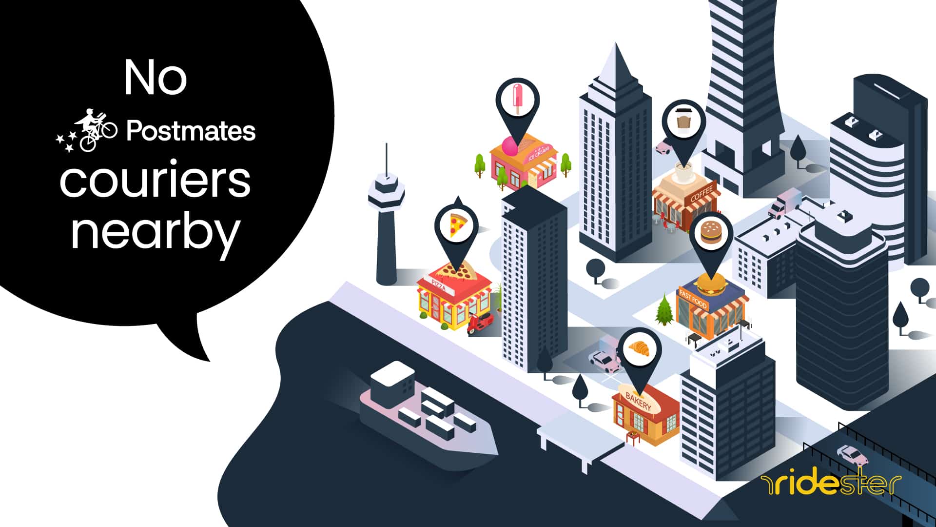 vector graphic showing a city map with the next "no postmates couriers nearby" in a text bubble above the city