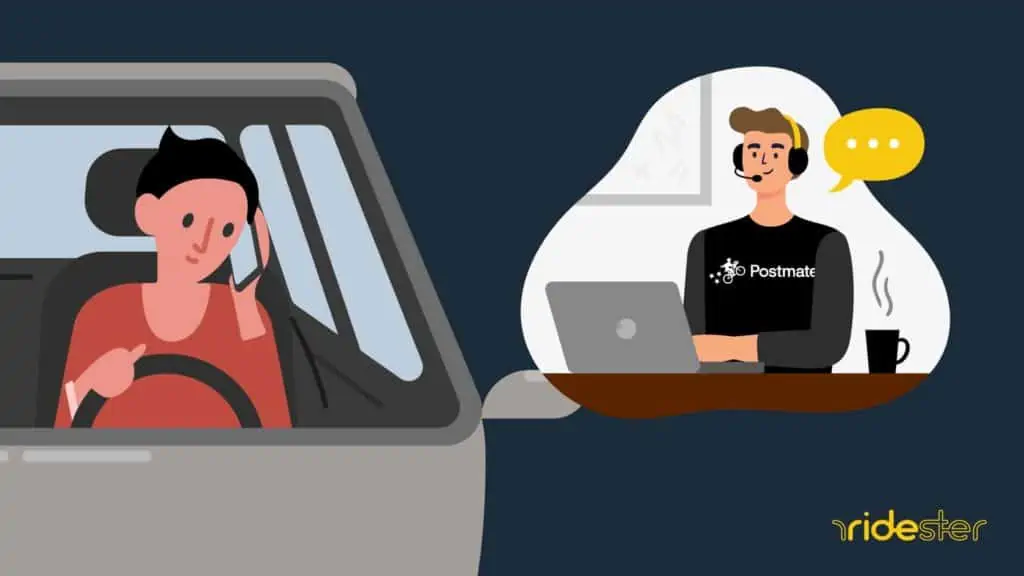 vector graphic showing a postmates driver sitting in a car on the phone with postmates fleet support to get help with an issue