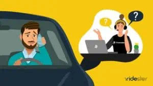 vector graphic showing a postmates driver sitting in a car on the phone with postmates fleet support to get help with an issue