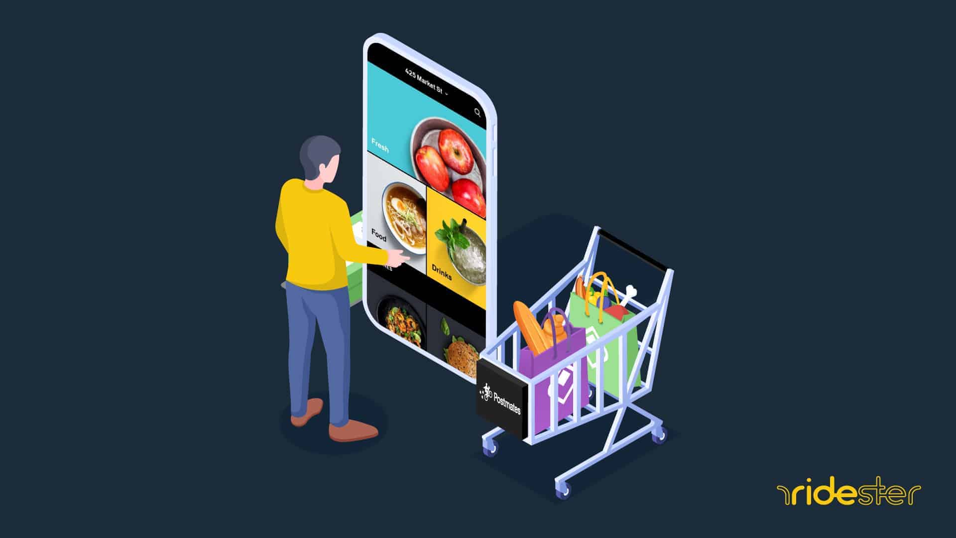 vector graphic showing a Postmates grocery delivery customer looking at a smartphone with a shopping cart next to the phone