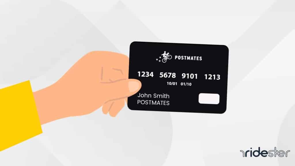 vector graphic showing a hand holding a postmates prepaid card